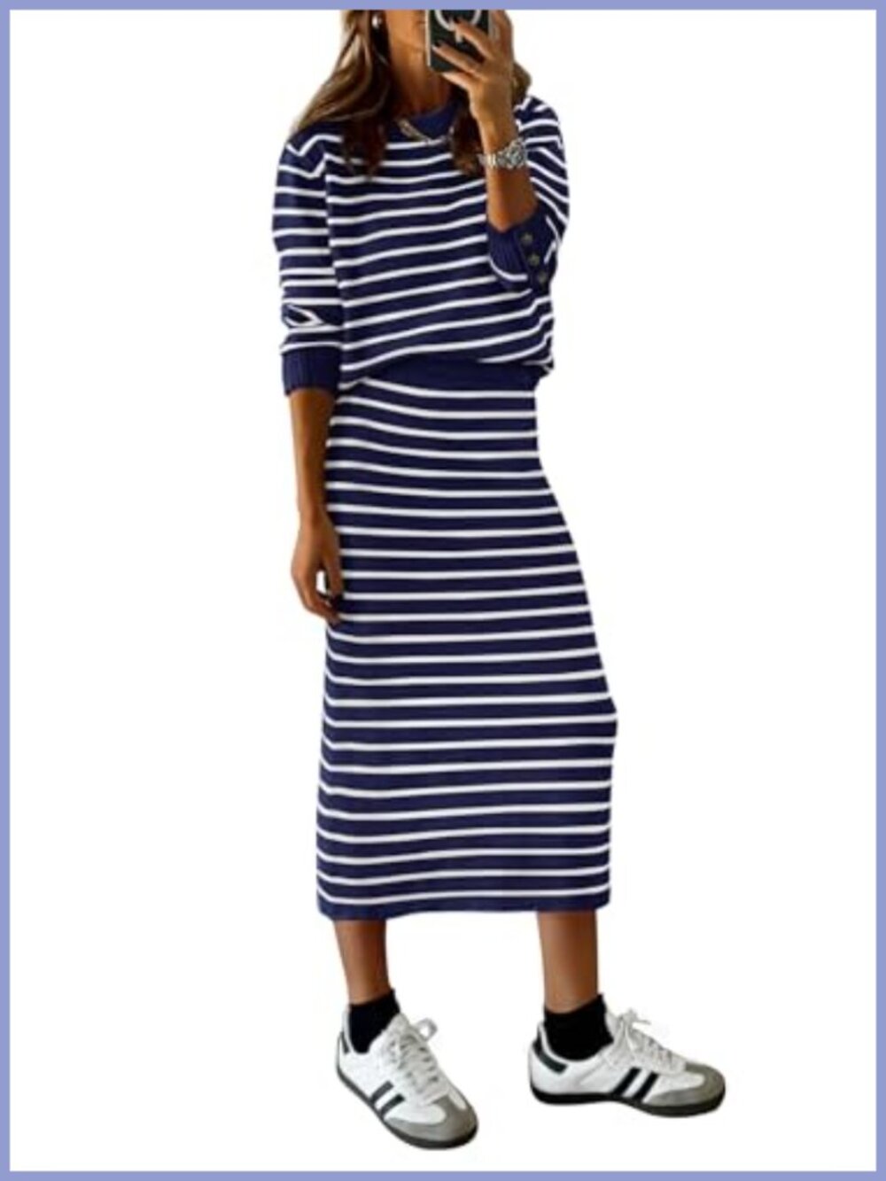 Striped Knit Two-Piece Sweater and Midi Skirt Set